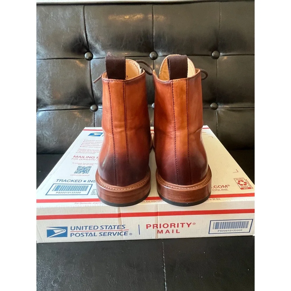 Curatore Mens Cognac Leather Apron Toe Lace Up Boots‎ Burnished